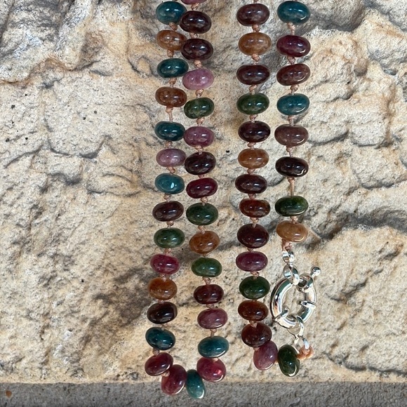 Natural Stone Rondelle Colorful Tourmaline knotted Necklace Handmade New - Picture 9 of 13